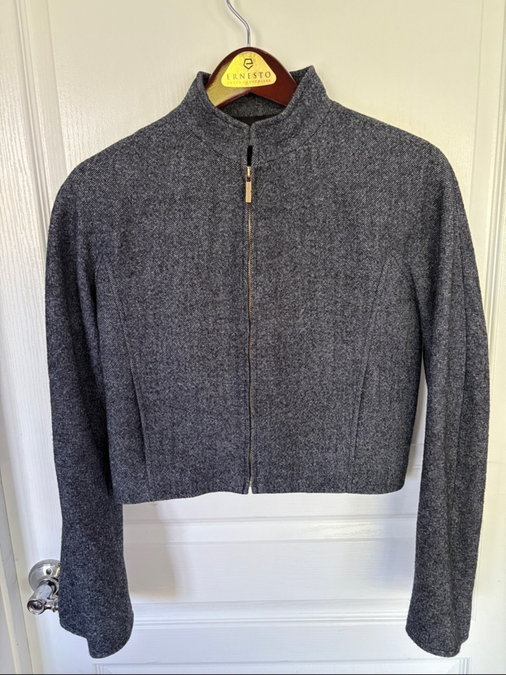 Carolina Herrera Lined  Charcoal Grey/ Blue Cropped Zip-Front Jacket